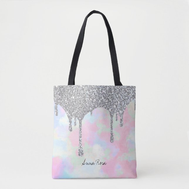 Bolso De Tela *~* Purpurina plateada Pastel Unicornio Mermaid Ar (Anverso)