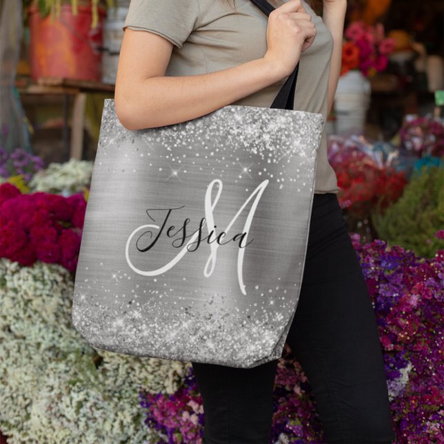 Bolso De Tela Purpurina plateado y Relieve metalizado Girly Mono (Silver Glitter and Foil Girly Monogrammed Tote Bag)