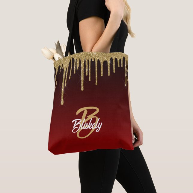 Bolso De Tela Purpurina Rojo Dorado Drin Monograma Esparkle Cute (Detalle)