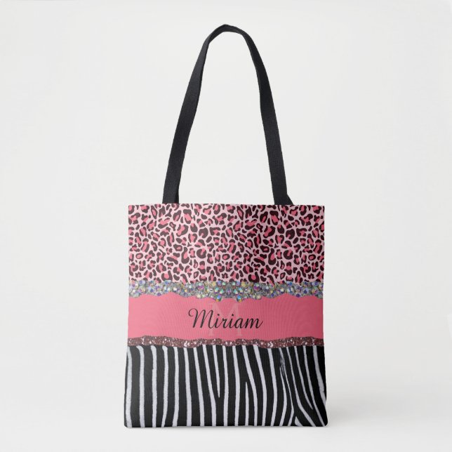 Bolso De Tela Purpurina Rosa Fancy Girly Leopard Imprimir elegan (Anverso)