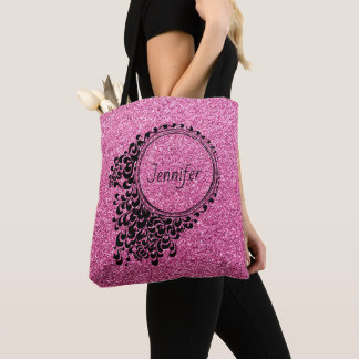 Bolso De Tela Purpurina rosa moderno con flor negra personalizad