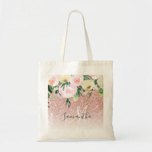 Bolso De Tela Purpurina rosa moderno y flores esparcen con nombr