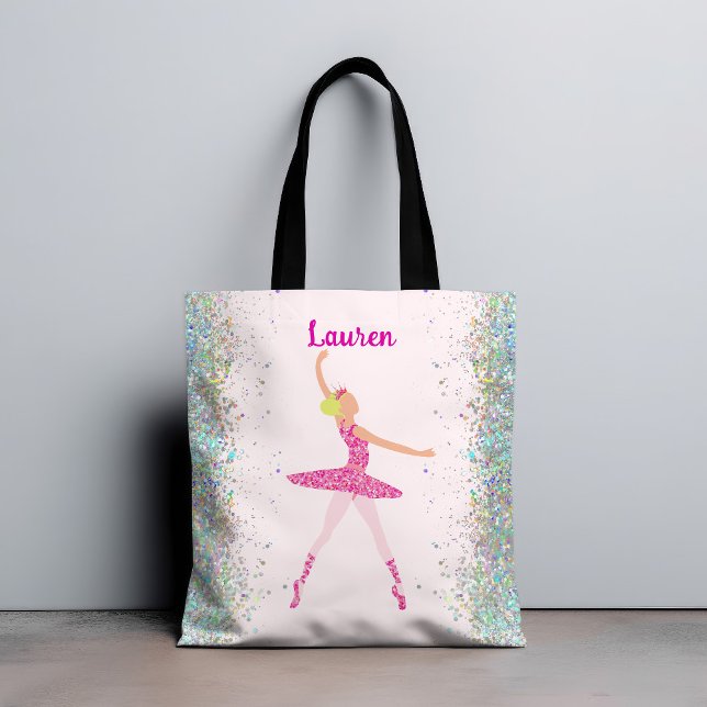 Bolso De Tela Purpurina Rosa Whimsical Ballerina Look (Light Hair Pink Glitter Dress Ballerina Crown Tote Bag)