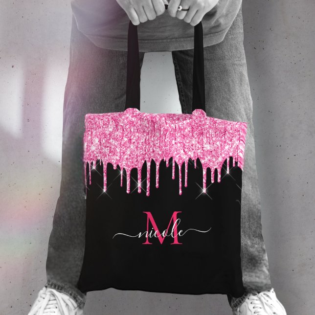 Bolso De Tela Purpurina rosado caliente goteo Monograma nombre b (Subido por el creador)