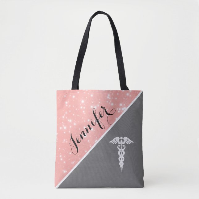 Bolso De Tela Purpurina rosado de Rubor del caduceo médico de la (Anverso)