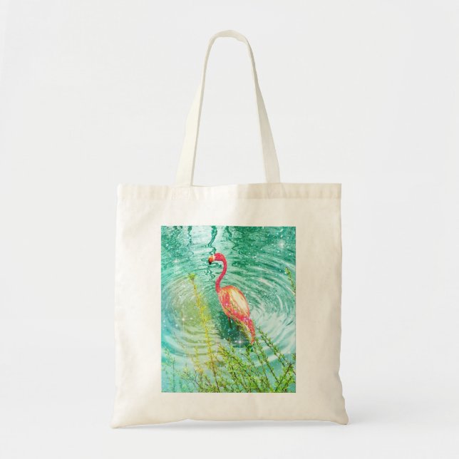 Bolso De Tela Purpurina rosado Verde azulado Flamingo Tropical S (Frente)