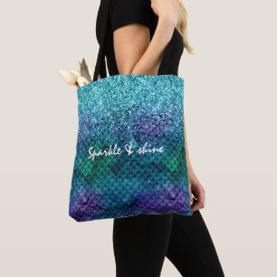 Bolso De Tela Purpurina Verde azulado Aqua Purple Mermaid Sparkl