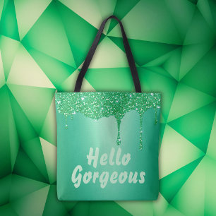 Bolso De Tela Purpurina verde con monograma Hola espléndido