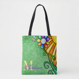 Bolso De Tela Purpurina verde esmeralda Whimsy Flor Sunshine Bee