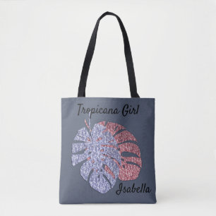 Bolso De Tela Purpurina violeta rosa brillo monstera hojas tropi