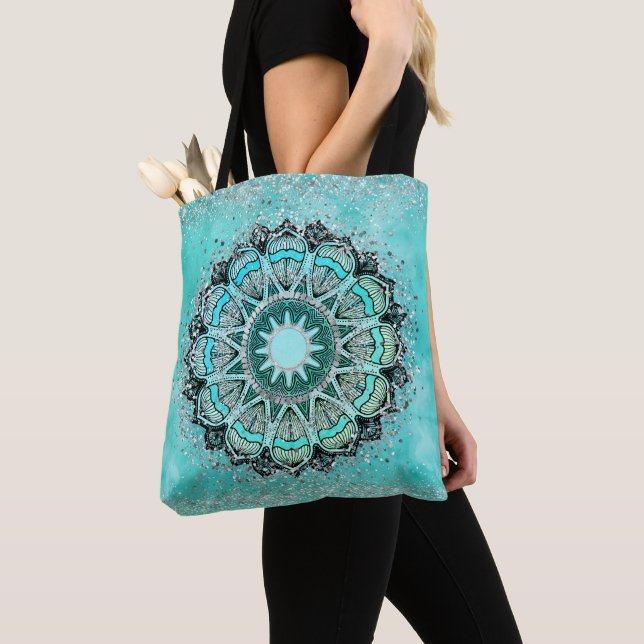 Bolso De Tela Purpurinoso caprichoso Lotus Mandala en Verde azul (Detalle)