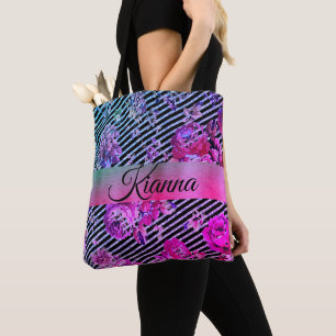 Bolso De Tela Purpurinoso de color rosa caliente y floral Verde
