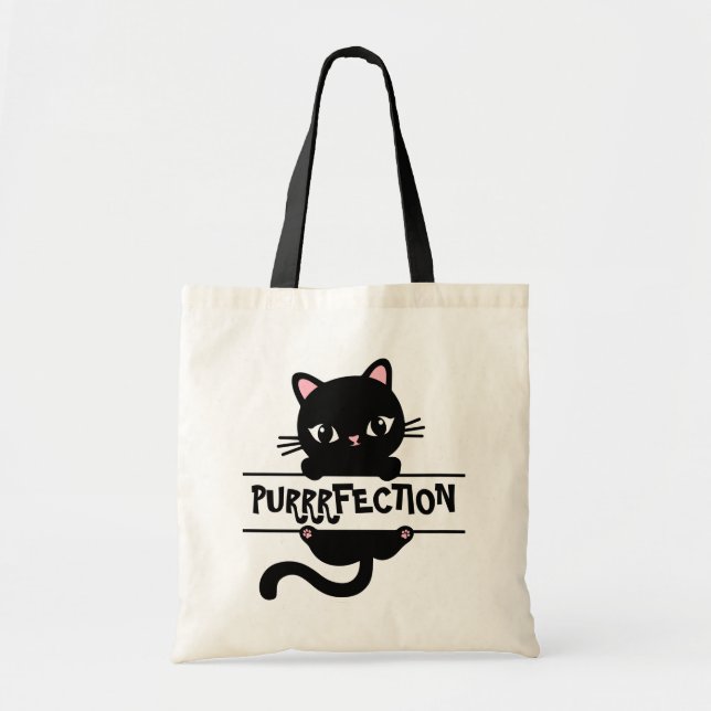 Bolso De Tela [Purrfection] Cute Gatito Subiendo Un Rótulo (Frente)