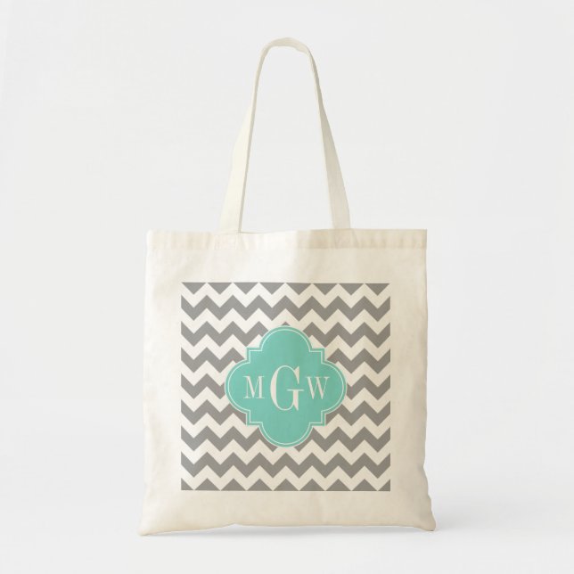 Bolso De Tela Quatrefoil de Chevron Aqua Gris 3 Monograma (Frente)