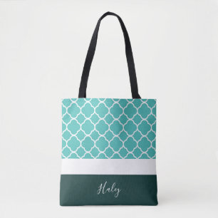 Bolso De Tela Quatrefoil turquesa personalizado con fondo oscuro