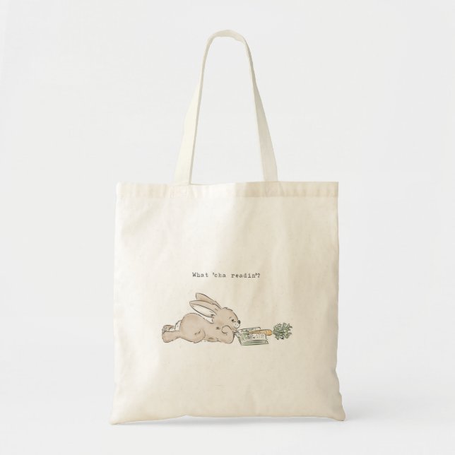 Bolso De Tela "qué 'cha readin'" lindo conejito con libro (Frente)