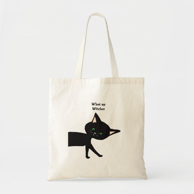 Bolso De Tela ¡Qué Muñecas! Gracioso gato negro con ojos verdes (Frente)
