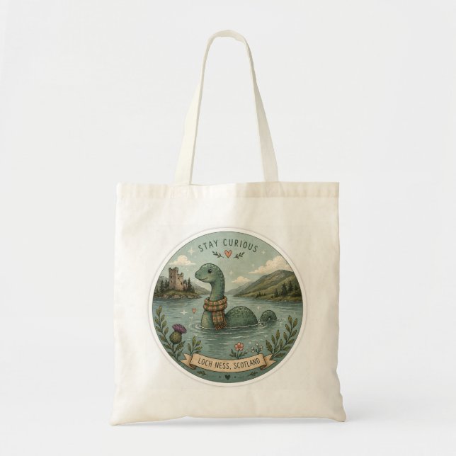 Bolso De Tela Quédate Curioso Acogedor Críptido Nessie Monstruo  (Frente)