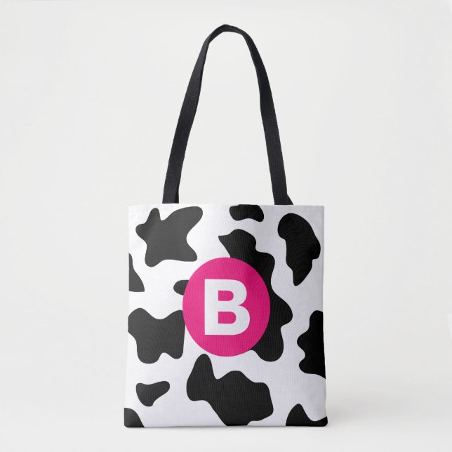 Bolso De Tela Quirky Cow Patch Pattern Pink Monogram (Anverso)