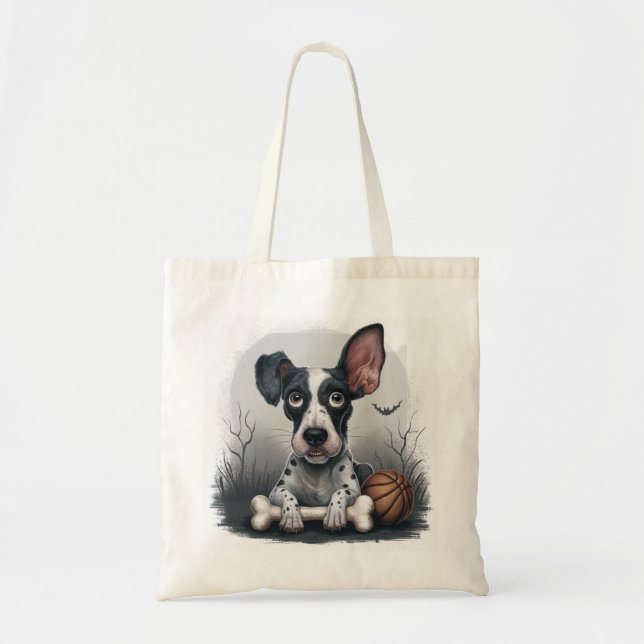 Bolso De Tela Quirky Halloween Pup: Perro visto con baloncesto (Frente)