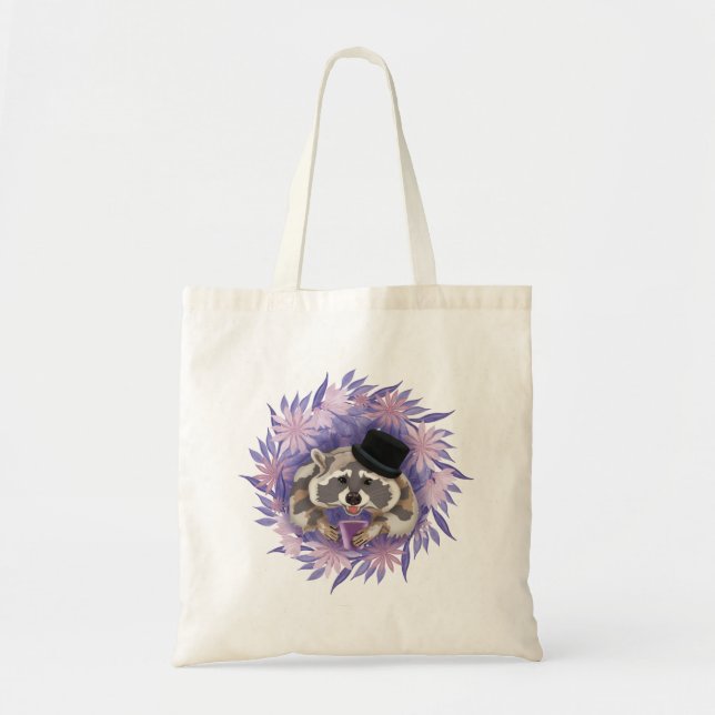 Bolso De Tela Raccoon con flores moradas (Frente)