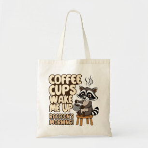 Bolso De Tela Raccoon divertida mañana con taza de café