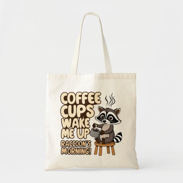 Bolso De Tela Raccoon divertida mañana con taza de café (Frente)