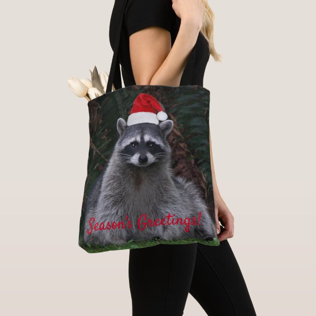 Bolso De Tela Raccoon lindo con vacaciones de Red Santa Hat (Detalle)