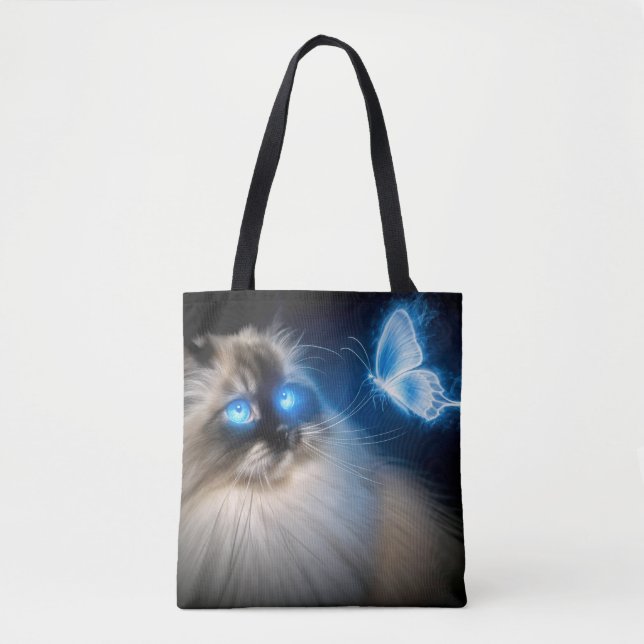 Bolso De Tela Ragdoll Cat Con Mariposa De Neón Azul (Anverso)