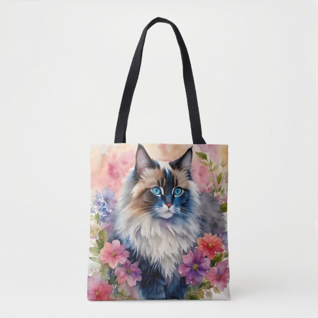 Bolso De Tela Ragdoll Cat Floral Retrato artístico (Anverso)