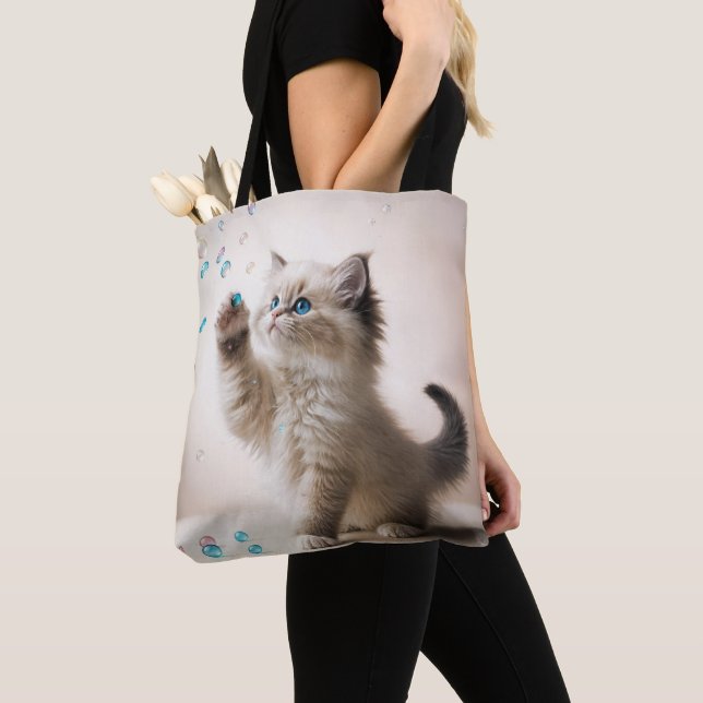 Bolso De Tela Ragdoll Kitten Jugando Con Burbujas (Detalle)