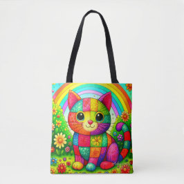 Bolso De Tela Rainbow Patchwork Cat Art