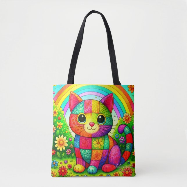 Bolso De Tela Rainbow Patchwork Cat Art (Anverso)