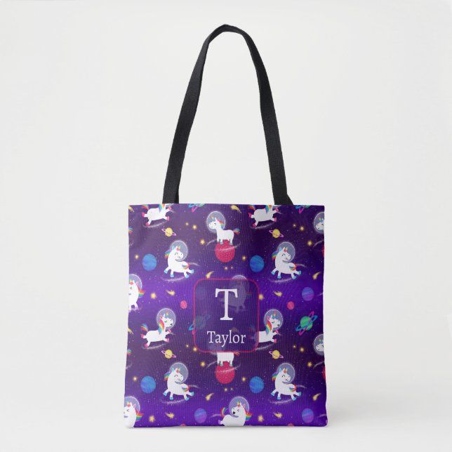 Bolso De Tela Rainbow Unicorns In Space Purple Ombre (Anverso)