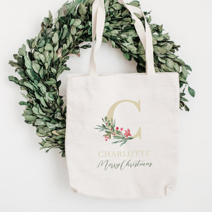 Bolso De Tela Rama de bayas rústicas con inicial y nombre Navida