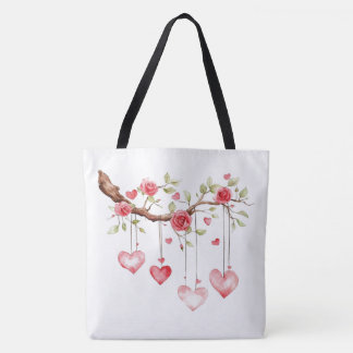 Bolso De Tela Rama de rosas rosadas en acuarela con corazones co