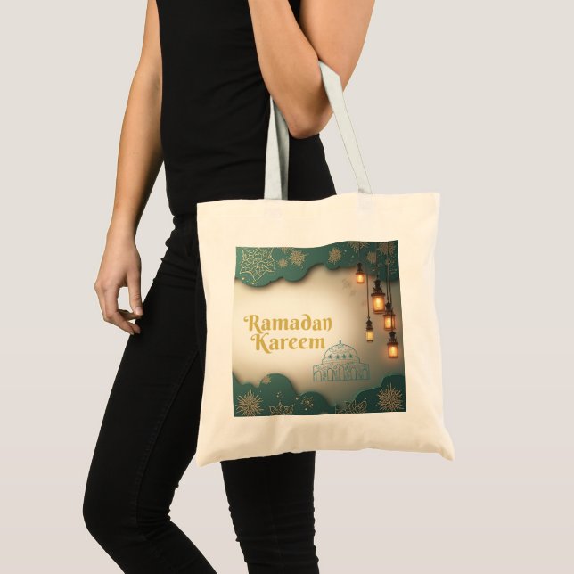 Bolso De Tela Ramadan Elegance Green & Gold Lanterns and Mosque (Anverso (producto))