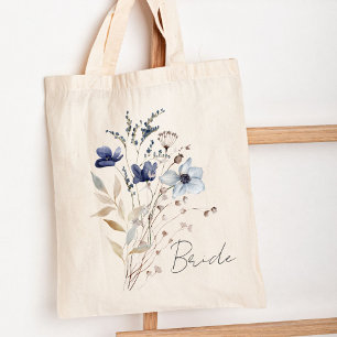 Bolso De Tela Ramo de flores azules elegantes con monograma