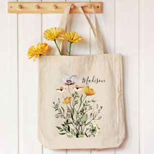 Bolso De Tela Ramo de flores silvestres secas con caligrafía mon