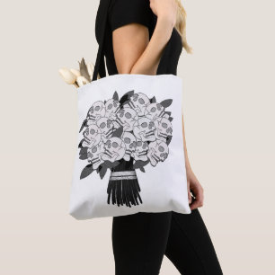 Bolso De Tela Ramo de rosas de cráneo negro y blanco gótico