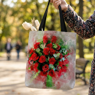 Bolso De Tela Ramo de Rosas Rojas Acuarela sobre Fondo Blanco