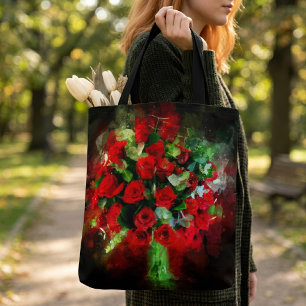 Bolso De Tela Ramo de Rosas Rojas Acuarela sobre Fondo Negro