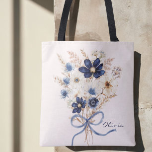 Bolso De Tela Ramo Floral Azul Marino Acuarela Personalizado