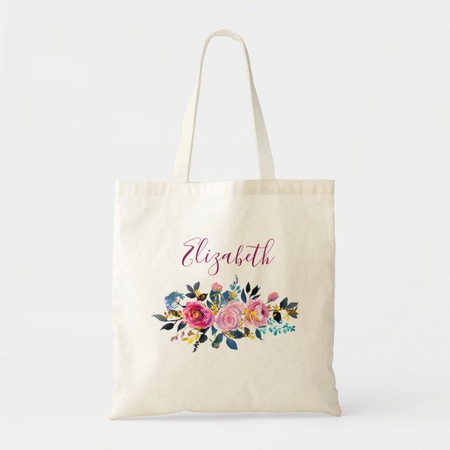 Bolso De Tela Ramo floral boho de rosas mixtas (Frente)
