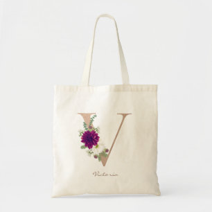 Bolso De Tela Ramo floral de dalia con monograma de letra V en o