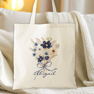 Bolso De Tela Ramo Floral De Flores Azules Acuarela Personalizad