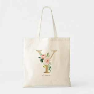 Bolso De Tela Ramo Floral de Peonía Y Monograma Dorado Dama de H