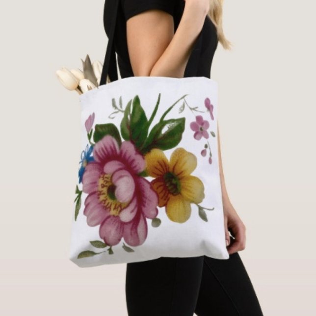 Bolso De Tela Ramo floral de taza de té (Tote Bag — 100% polyester, black laminated lining 100% cotton web hand. Made in the USA.
)