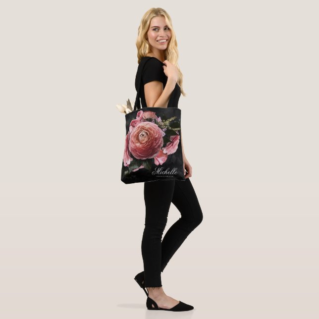 Bolso De Tela Ramo floral rosa romántico sobre fondo negro (Puesto)
