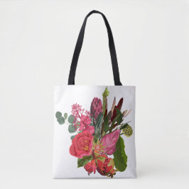 Bolso De Tela Ramo tropical con flores rojas.